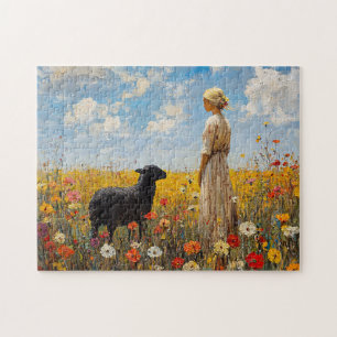 Schaap en herderin met wilde bloemen legpuzzel