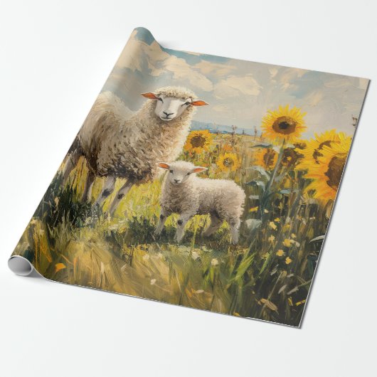 Schaap en Lam Zonnebloem Veld Decoupage Cadeaupapier (Uitgerold)
