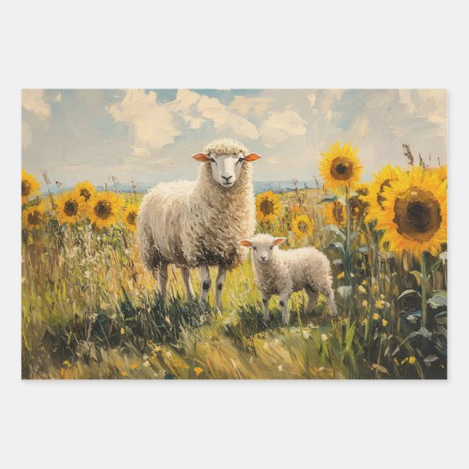 Schaap en Lam Zonnebloem Veld Decoupage Inpakpapier Vel (Voorkant)