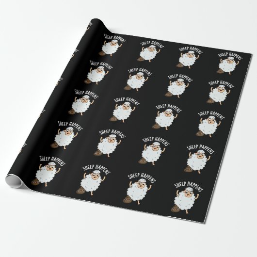 Schaap Gebeurt Grappige Poep Pun Donkere BG Cadeaupapier (Uitgerold)