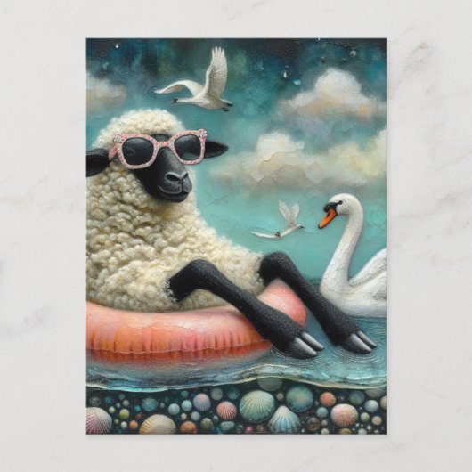 Schaap geniet Drijven in een meer met zwanen Briefkaart (Voorkant)
