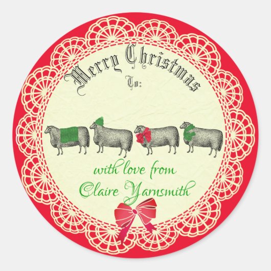 Schaap handgemaakt breien haakwerk Kerst sticker (Voorkant)