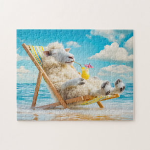 Schaap in dekstoel met cocktail illustratie legpuzzel