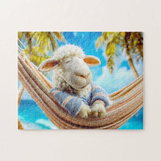 Schaap in hangmat onder palmboom legpuzzel (Horizontaal)