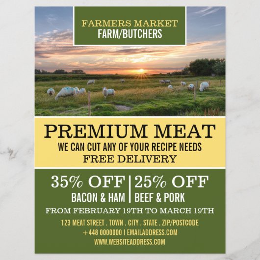 Schaap in veld, boer & slager reclame flyer (Voorkant)