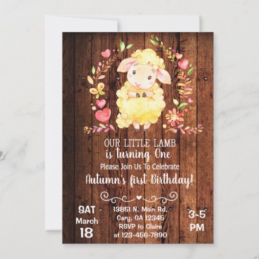 Schaap, lammetje, meisjesverjaardagsuitnodiging. kaart (Voorkant)