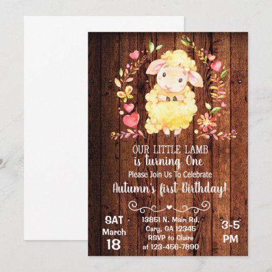 Schaap, lammetje, meisjesverjaardagsuitnodiging. kaart (Voorkant / Achterkant)