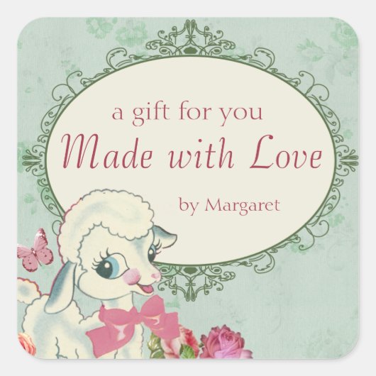 schaap met schattig lamswol breien haakwerk naaien vierkante sticker (Voorkant)