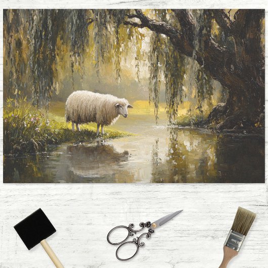 Schaap onder een wilgenboom schilderij Decoupage Tissuepapier