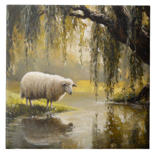 Schaap onder een wilgenboom Schilderij Tegeltje