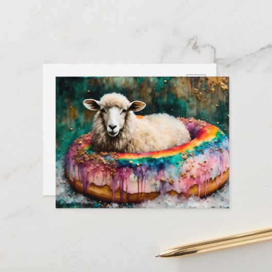 Schaap op een regenboogkleur Drijvende donut Briefkaart (Voorkant / Achterkant in situ)