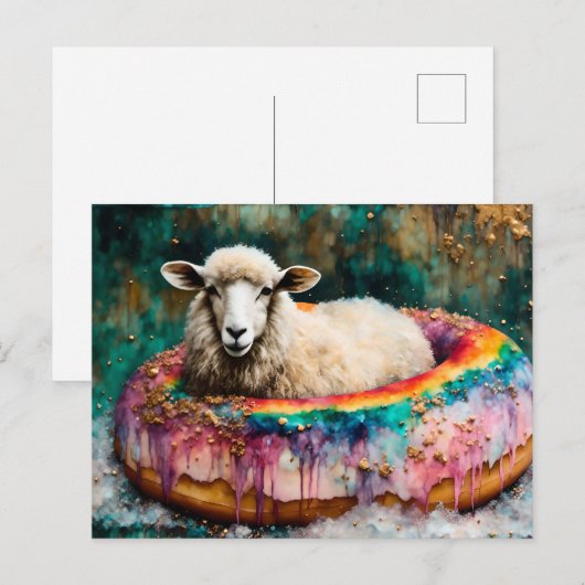 Schaap op een regenboogkleur Drijvende donut Briefkaart (Voorkant / Achterkant)