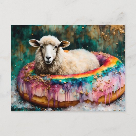 Schaap op een regenboogkleur Drijvende donut Briefkaart (Voorkant)
