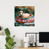 Schaap op een regenboogkleur Drijvende donut Poster (Thuiskantoor)