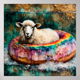 Schaap op een regenboogkleur Drijvende donut Poster