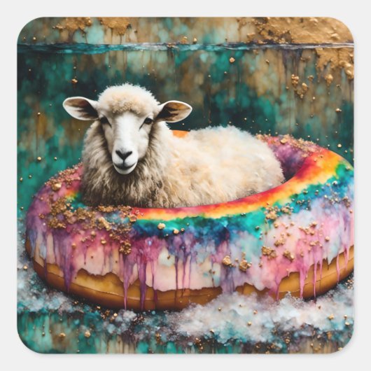 Schaap op een regenboogkleur Drijvende donut Vierkante Sticker (Voorkant)