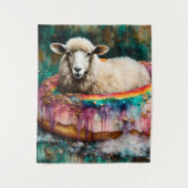 Schaap op een regenboogkleur Drijvende donut Wandkleed (Voorkant)