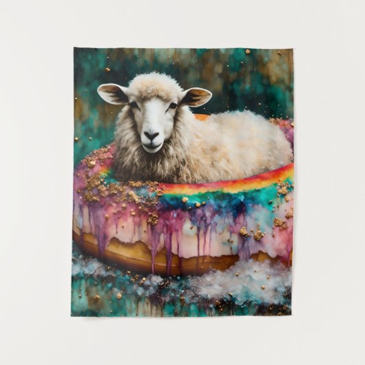 Schaap op een regenboogkleur Drijvende donut Wandkleed (Voorkant)