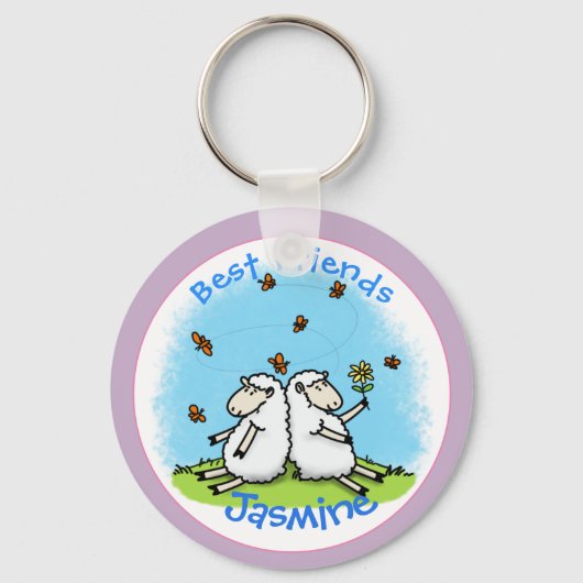 Schaap vrienden met vlinders cartoon sleutelhanger (Voorkant)