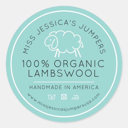 Schaaps wol aqua wit zwart breien zakelijk ronde sticker (Voorkant)