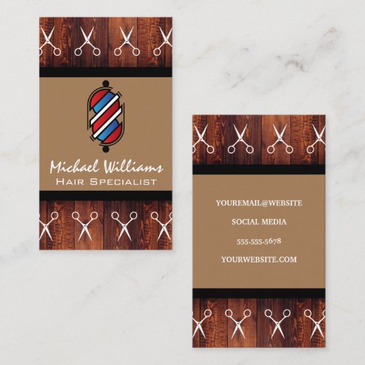 schaar | Barber Pole | Hout Visitekaartje (Voorkant / Achterkant)