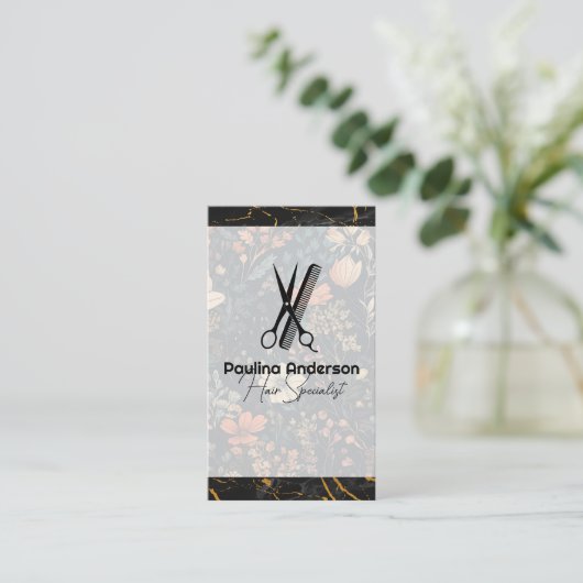 Schaar Comb Logo | Zwart marmer | Bloemen Visitekaartje (Staand voorkant)