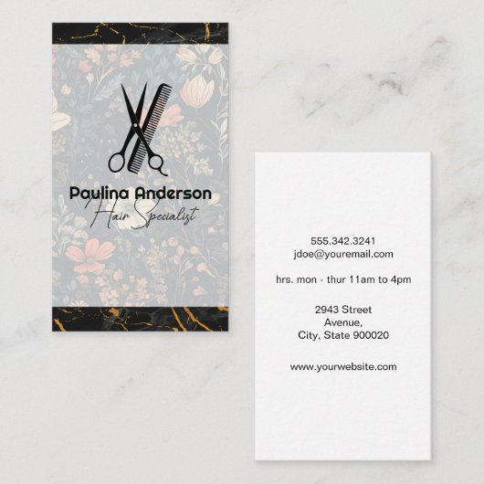Schaar Comb Logo | Zwart marmer | Bloemen Visitekaartje (Voorkant / Achterkant)
