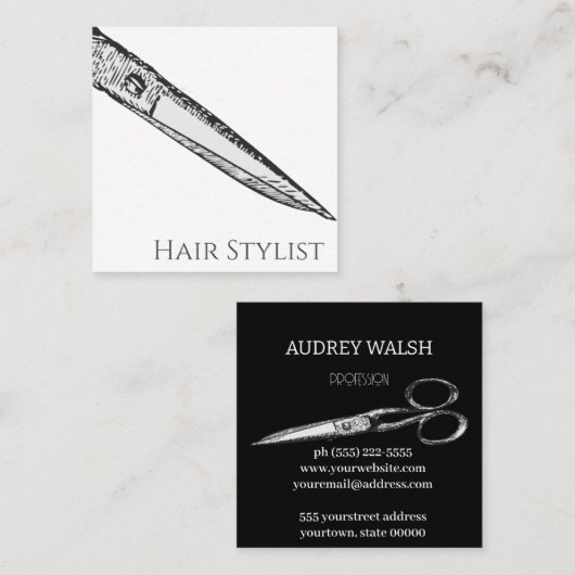  schaar, eenvoudig modern zwart-wit geslacht vierkante visitekaartje (Voorkant / Achterkant)