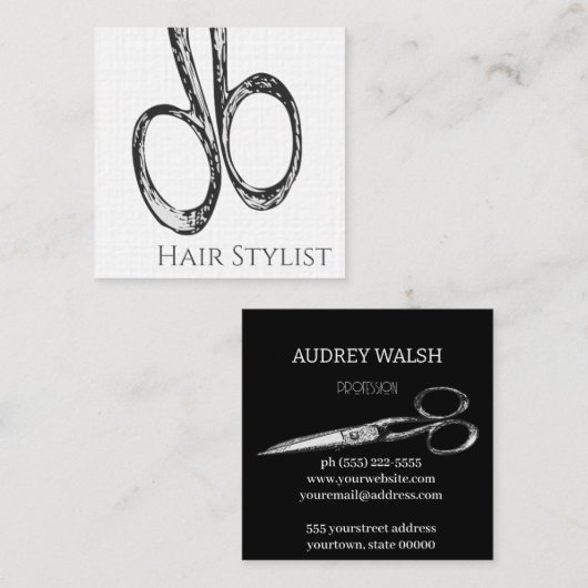  schaar, eenvoudig modern zwart-wit vierkante visitekaartje (Voorkant / Achterkant)