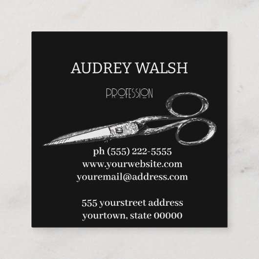  schaar, eenvoudig modern zwart-wit vierkante visitekaartje (Achterkant)