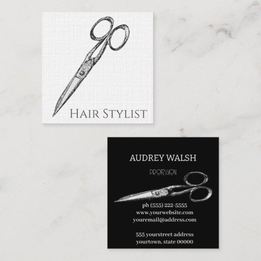  schaar, eenvoudig modern zwart-wit vierkante visitekaartje (Voorkant / Achterkant)