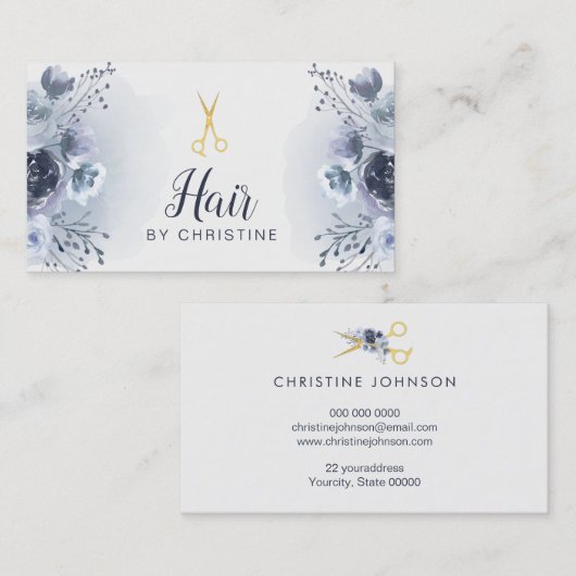 Schaar en blauwe bloemendecor visitekaartje (Voorkant / Achterkant)