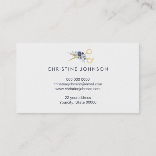 Schaar en blauwe bloemendecor visitekaartje (Achterkant)