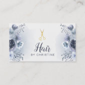 Schaar en blauwe bloemendecor visitekaartje (Voorkant)