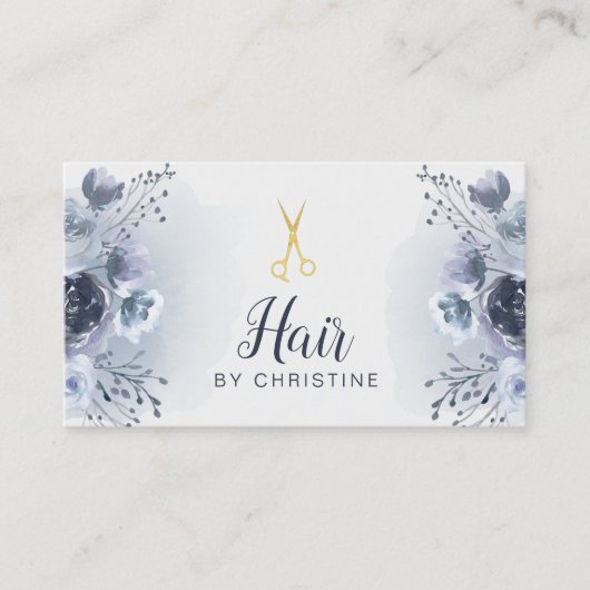Schaar en blauwe bloemendecor visitekaartje (Voorkant)