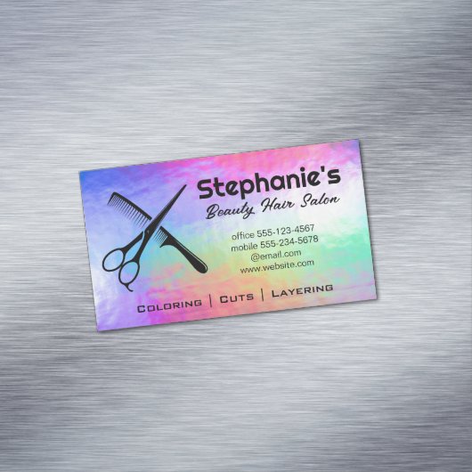 Schaar en kam | Rainbow Iridescent Achtergrond Magnetisch Visitekaartje (Voorbeeld)