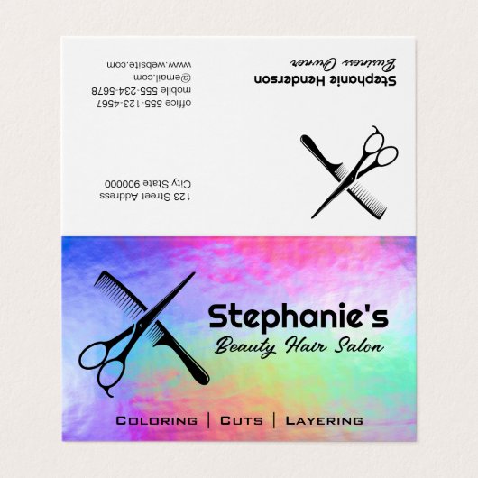 Schaar en kam | Rainbow Iridescent Achtergrond Visitekaartje (Buitenkant ongevouwen)