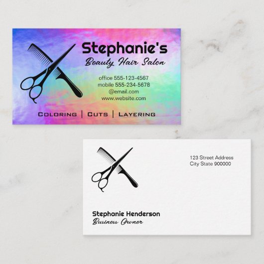 Schaar en kam | Rainbow Iridescent Achtergrond Visitekaartje (Voorkant / Achterkant)