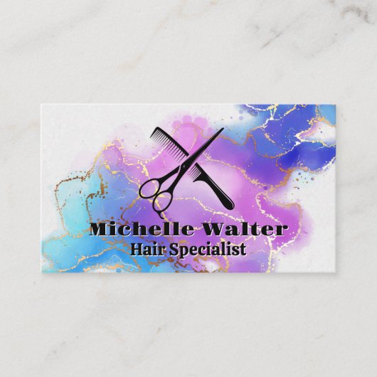 Schaar en kam | Waterverf goudolie Visitekaartje (Voorkant)