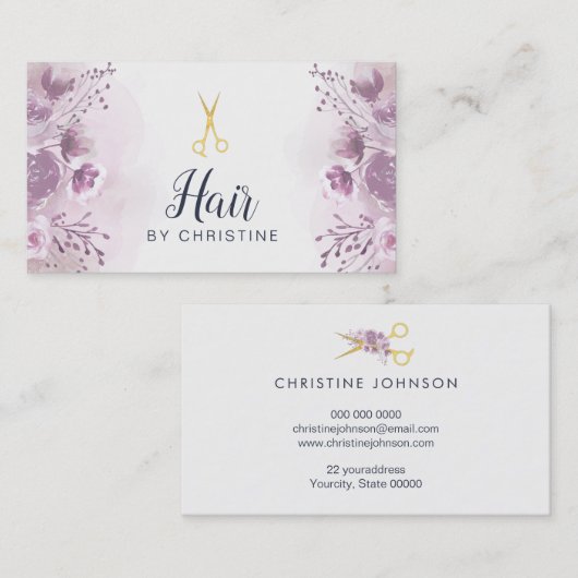 Schaar en paarse bloemendecor visitekaartje (Voorkant / Achterkant)