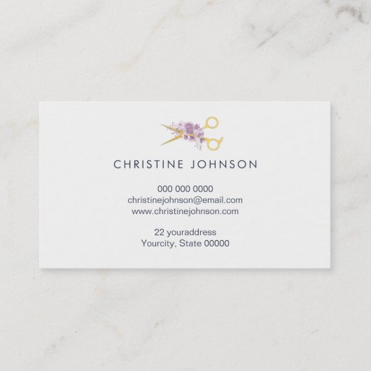 Schaar en paarse bloemendecor visitekaartje (Achterkant)