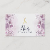 Schaar en paarse bloemendecor visitekaartje (Voorkant)