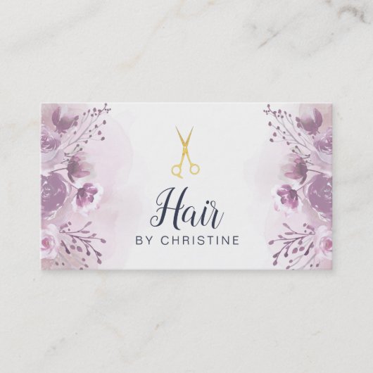 Schaar en paarse bloemendecor visitekaartje (Voorkant)