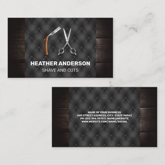 Schaar en scheermes | Hout en Button Visitekaartje (Voorkant / Achterkant)