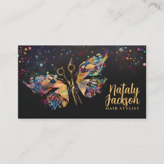 Schaar en vlinder - goud en kleur spatten visitekaartje (Voorkant)
