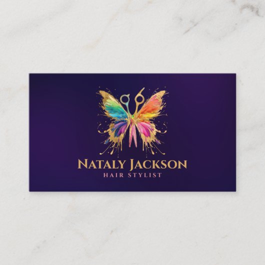 Schaar en vlinder goud en kleur visitekaartje (Voorkant)