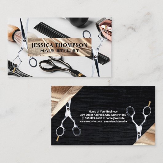 schaar | goudfolielint | Haren knipgereedschap Visitekaartje (Voorkant / Achterkant)