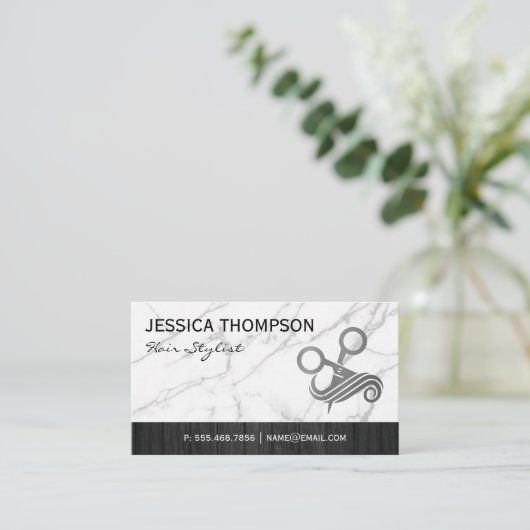 Schaar haar Logo | Marmer | houtversiering Visitekaartje (Staand voorkant)