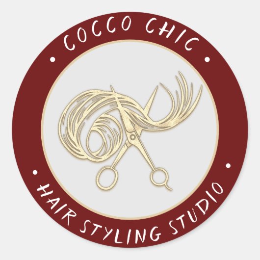 Schaar Haar Logo Naam Dank u Goud Bourgondië Ronde Sticker (Voorkant)