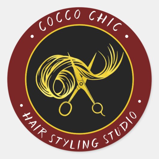 Schaar Haar Logo Naam Dank u Goud Bourgondië Ronde Sticker (Voorkant)